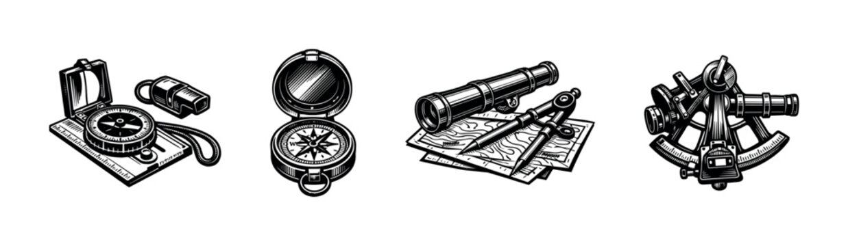 Vintage nautical instruments, compass, telescope, sextant, black and white vector illustrations