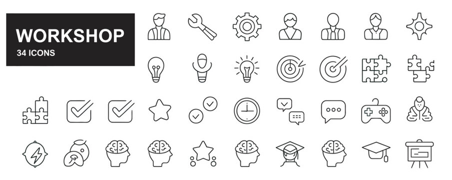 Collection of 34 workshop and business icons for presentations and infographics