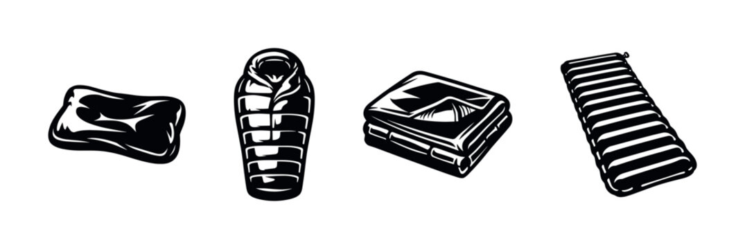 Camping gear collection, sleeping bag, inflatable mattress, pillow, blanket, black and white vector illustration