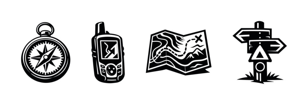 Black and white vector illustration of navigation tools with compass map gps signpost elements