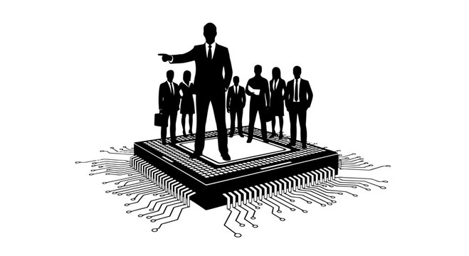 Business leadership and teamwork on microchip.