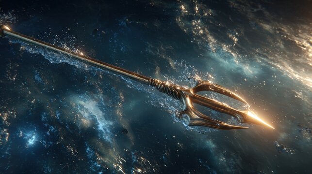 Greek mythology sea god Poseidon. Fantasy. A vivid, highresolution digital artwork depicts a trident submerged in water. The trident, intricately designed with a golden hue, is the main subject.