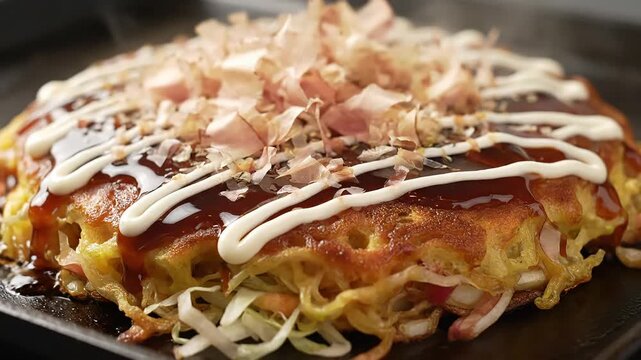 Okonomiyaki Japanese Pancake. Close Up Sizzling Cooking Video. Representing Authentic Cuisine, Street Food, and Culinary Deliciousness.