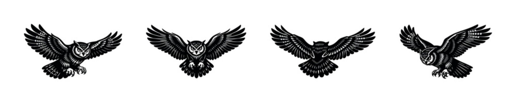 Black and white owl silhouette illustrations flying owl clipart set vector elements