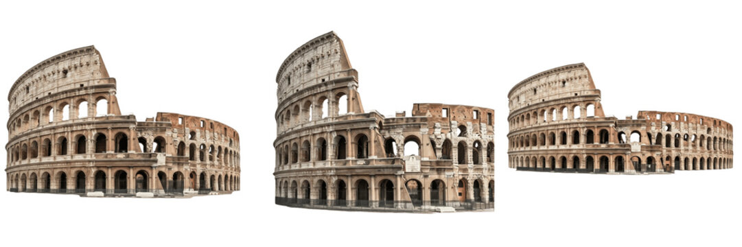 Set and collection of Roman Colosseum monument isolated on white transparent png background