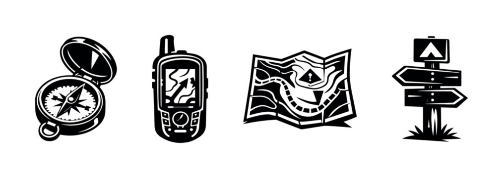 Black and white vector silhouette of navigation tools including compass map gps and direction sign