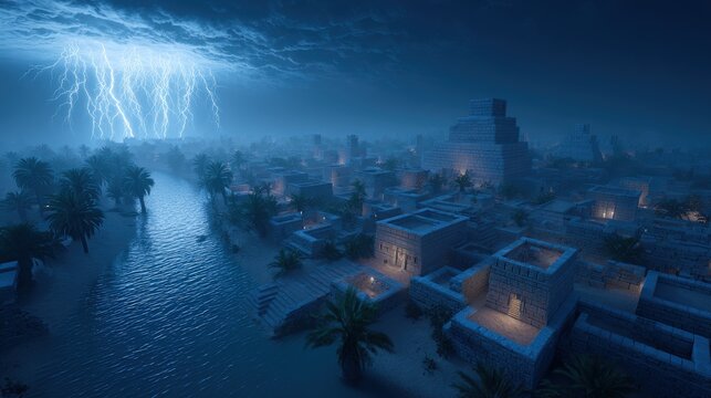 Lost civilization. Fantasy. A vivid portrayal of an ancient city at night, bathed in a deep blue hue. The city is densely packed with stone structures.