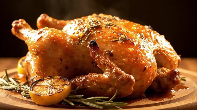 Delicious Golden Roast Chicken with Lemon and Rosemary. Steaming Hot Food Photography Motion. Family Dinner, Festive Celebration, and Homemade Comfort Food.