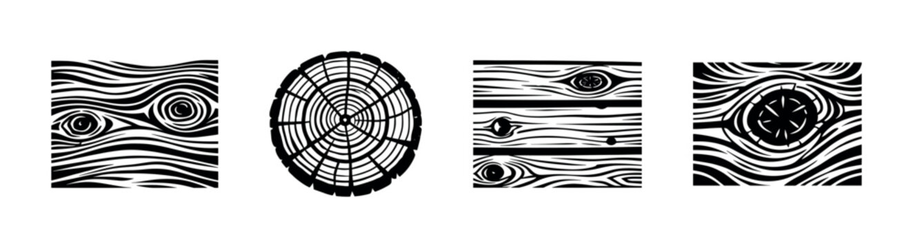 Black and white vector illustrations of wood grain patterns and tree rings