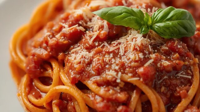 Spaghetti with rich tomato sauce, grated cheese and fresh basil on warm pasta plate