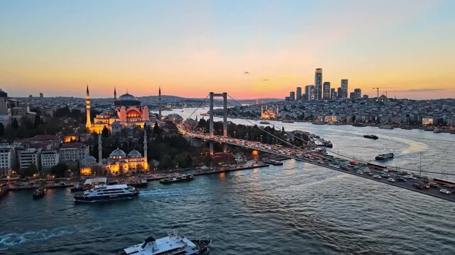 Explore aerial views of Istanbul in the evening with boats and bridges in the vibrant city landscape
