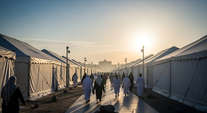 Pilgrims walking through tent city at sunrise during Hajj pilgrimage