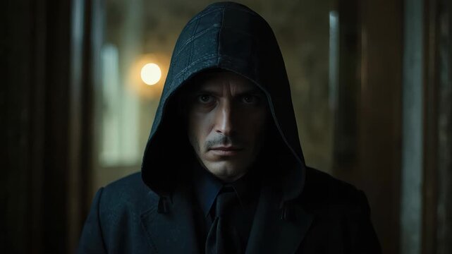 Mysterious man hooded coat tie portrait intense stare in moody interior lighting dramatic atmosphere