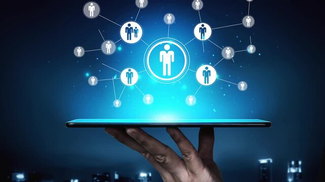 Innovative Network Connection Concept with Tablet Displaying Digital People Icons and Nodes for Communication and Social Interaction Ideas Gluon.