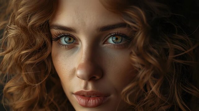 Close up woman face portrait curly hair hazel eye glowing soft emotion warm natural expression soft