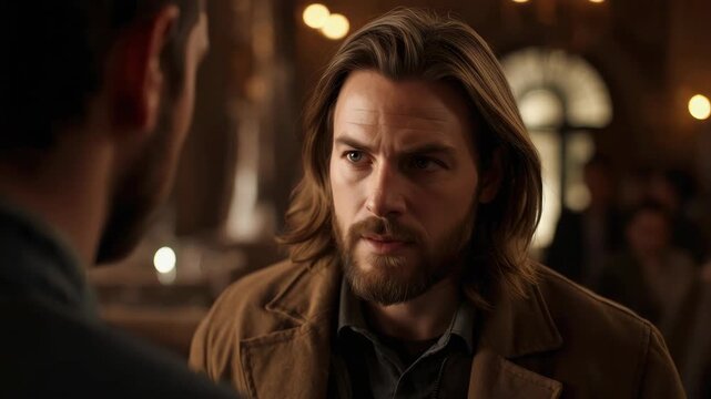 Bearded man long hair dim bar interior conveying intense thoughtful expression