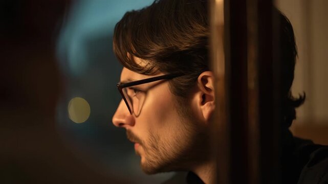 Young man with glasses thoughtful profile and side portrait leaning against wooden post warm low