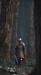 Fototapeta premium Europe medieval lifestyle. A vivid portrayal of a knight in full medieval armor stands in a dense forest. The knight wears a helmet, breastplate, and cloak, and holds a sword in his right hand.