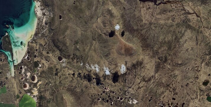 Islas Malvinas (Falkland Islands) &mdash; Peat Bog Pools and Coastal Terrain Satellite View with Cloud Shadows