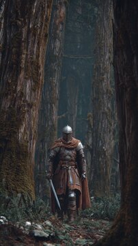 Europe medieval lifestyle. A vivid portrayal of a knight in full medieval armor stands in a dense forest. The knight wears a helmet, breastplate, and cloak, and holds a sword in his right hand.