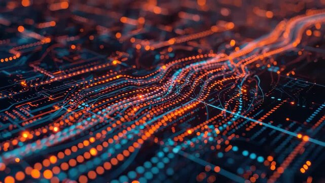 Glowing circuit board light flow technology data stream with glowing orange and blue nodes