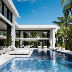 Fototapeta premium Modern Villa With Pool and Palm Trees in Sunny Weather Overlooking a Clear Sky