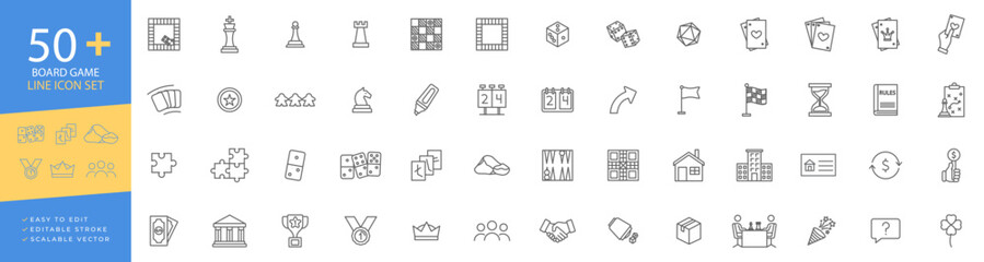 Board game line icon set featuring chess pieces, dice, playing cards, dominoes, puzzles, and tabletop strategy gaming symbols for recreation and entertainment concepts. © PixelHive