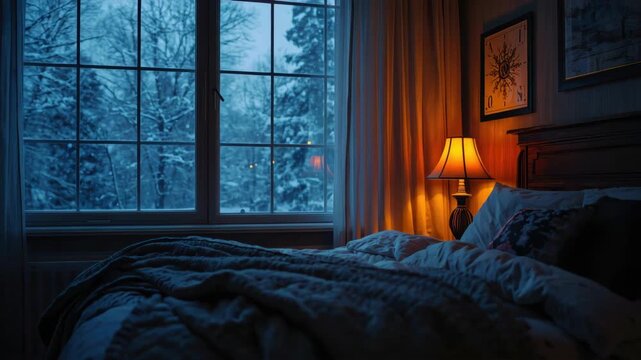 Cozy bedroom blanket and bed near window with lamp glow and snow outside creating peaceful winter