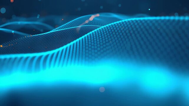 Digital data wave landscape glowing point nodes and flowing grid with blue orange dynamic network