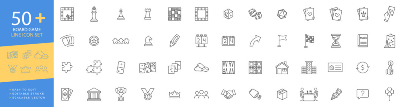 Board game line icon set featuring chess pieces, dice, playing cards, dominoes, puzzles, and tabletop strategy gaming symbols for recreation and entertainment concepts.