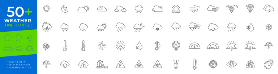 Naklejka premium Weather icon set featuring meteorological forecasting, climate conditions, seasonal changes, and environmental symbols like sun, rain, snow, clouds, and temperature gauges.