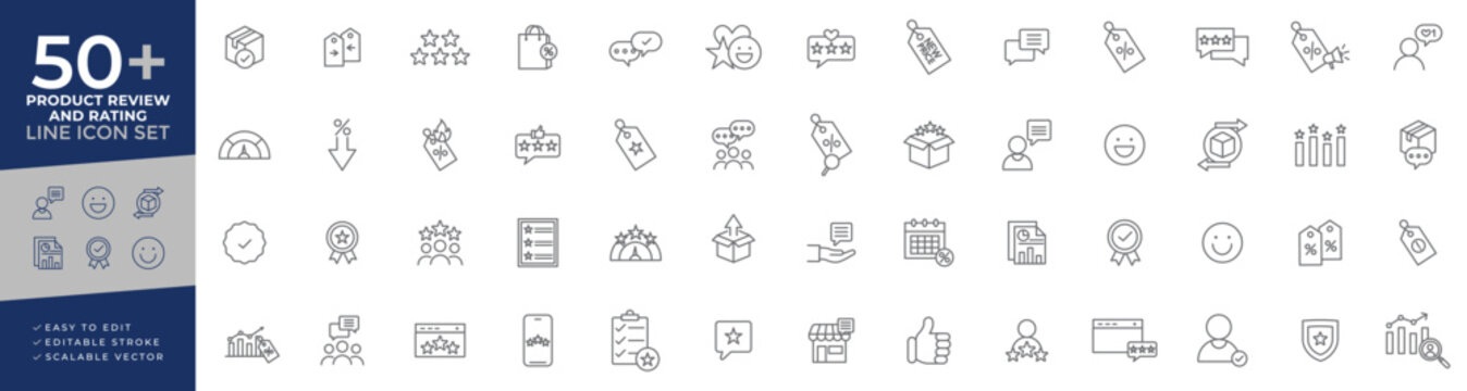 Product review and rating icons set featuring customer feedback, star ratings, user testimonials, quality assessment, survey results, and digital reputation management tools.