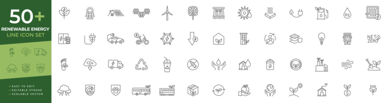 Renewable energy icon set featuring sustainable power, solar panels, wind turbines, hydroelectric systems, green technology, and eco-friendly environmental resource management.