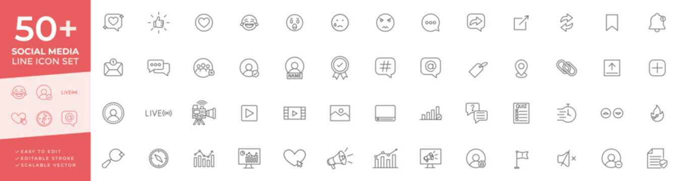 Social media icon set featuring digital marketing, online engagement, content sharing, profile management, and global communication strategies for professional app designs.