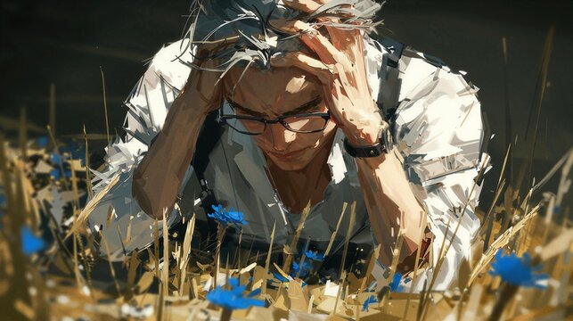 A colorful illustration, a lush oil-style digital illustration with visible brushwork of a elderly man with silver hair and weathered features, braiding a crown of blue wildflowers in a meadow at d...