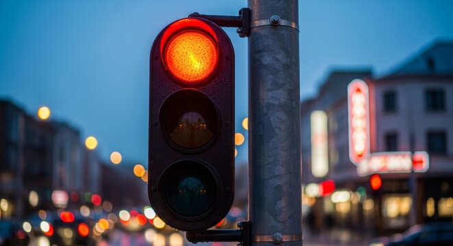 Wet red traffic light standing on a metal pole in the city center during a rainy night.