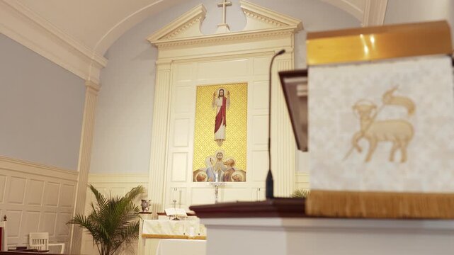 Ornate Church Altar with Sacred Heart of Jesus Statue and Religious Figures
