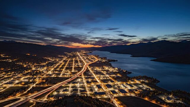 Timelapse of sunset over Orem and Provo in Utah showing mountains and lake with changing sky colors