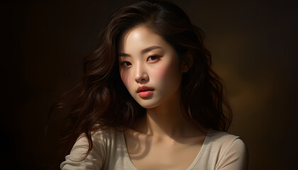 Naklejka premium Beautiful young East Asian woman with long wavy hair posing for a cinematic studio portrait