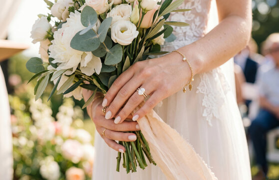 Close-up of a bride's hand with a luxury diamond engagement ring holding a beautiful wedding bouquet