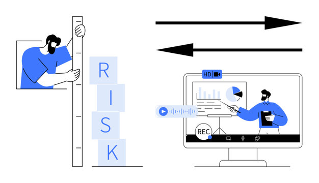 Risk management, online education, business strategy, virtual presentation, digital tools, remote work. Person measuring risk level, chart on monitor. Risk management and online education