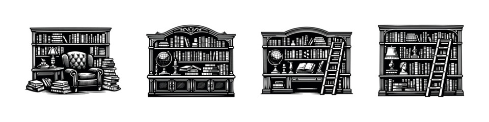 Elegant black and white vector illustrations of bookshelves with books globe and ladder elements © UnIcons