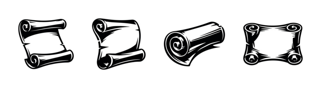 Set of four vintage scroll illustrations, rolled paper designs, black and white vector elements