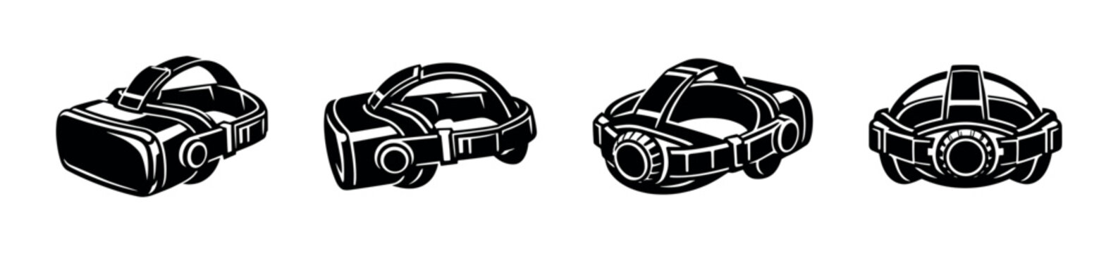 Virtual reality headset illustration set, black and white vector silhouette design elements