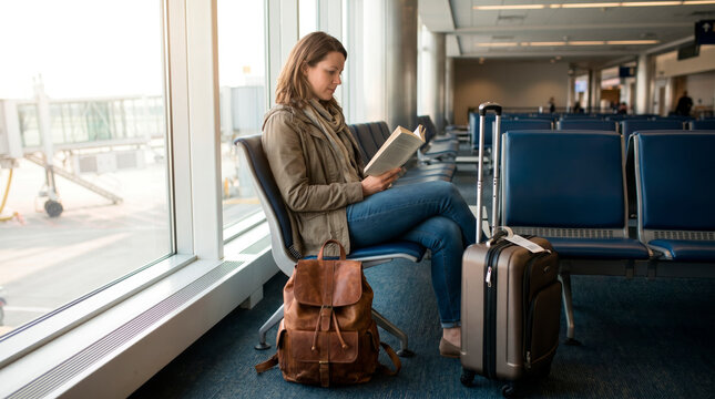 Woman calmly read a book while her luggage waits at the bright airport departure lounge