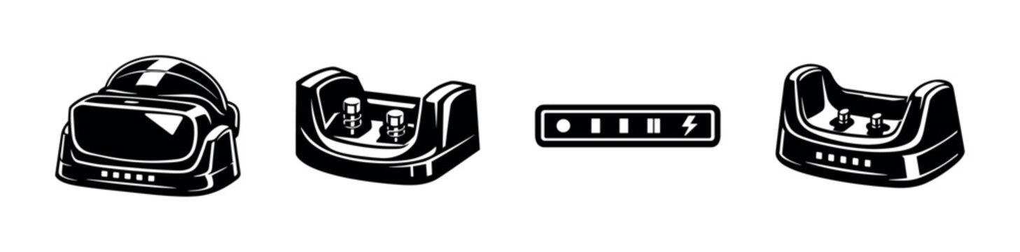Black and white vector illustration of vr headset and charging docks with control panel