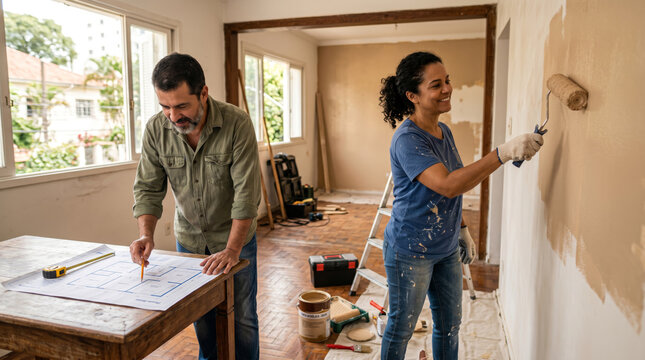 Couple Renovate Home Together Woman Paints Wall with Roller Man Studies Blueprints for Project
