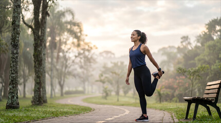Obraz premium Fit woman stretching quadriceps on a park path enjoying a fresh morning workout outdoors