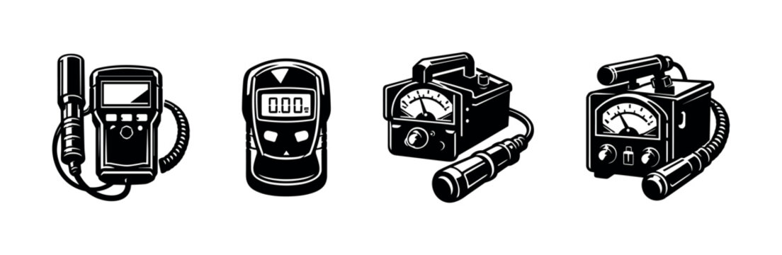 Vintage analog and digital multimeters collection, retro device illustrations, black and white vector clipart