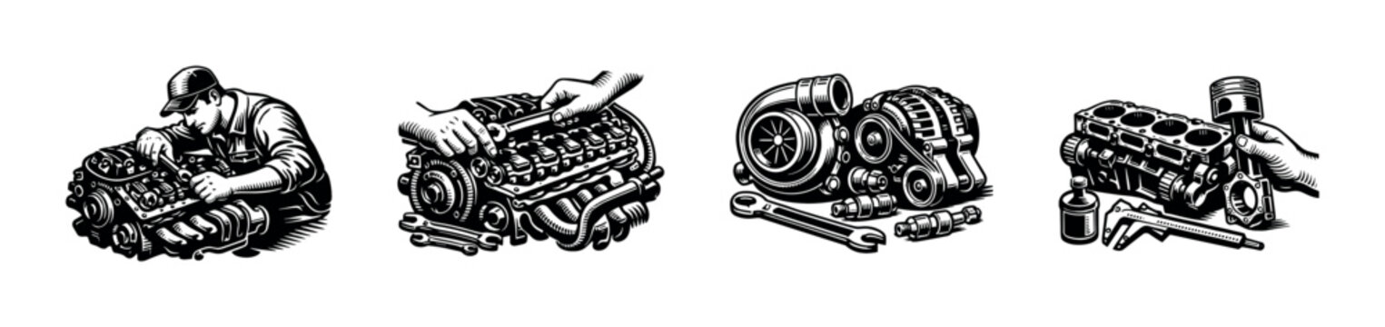Detailed black and white vector illustrations of engine parts and mechanic tools with hands